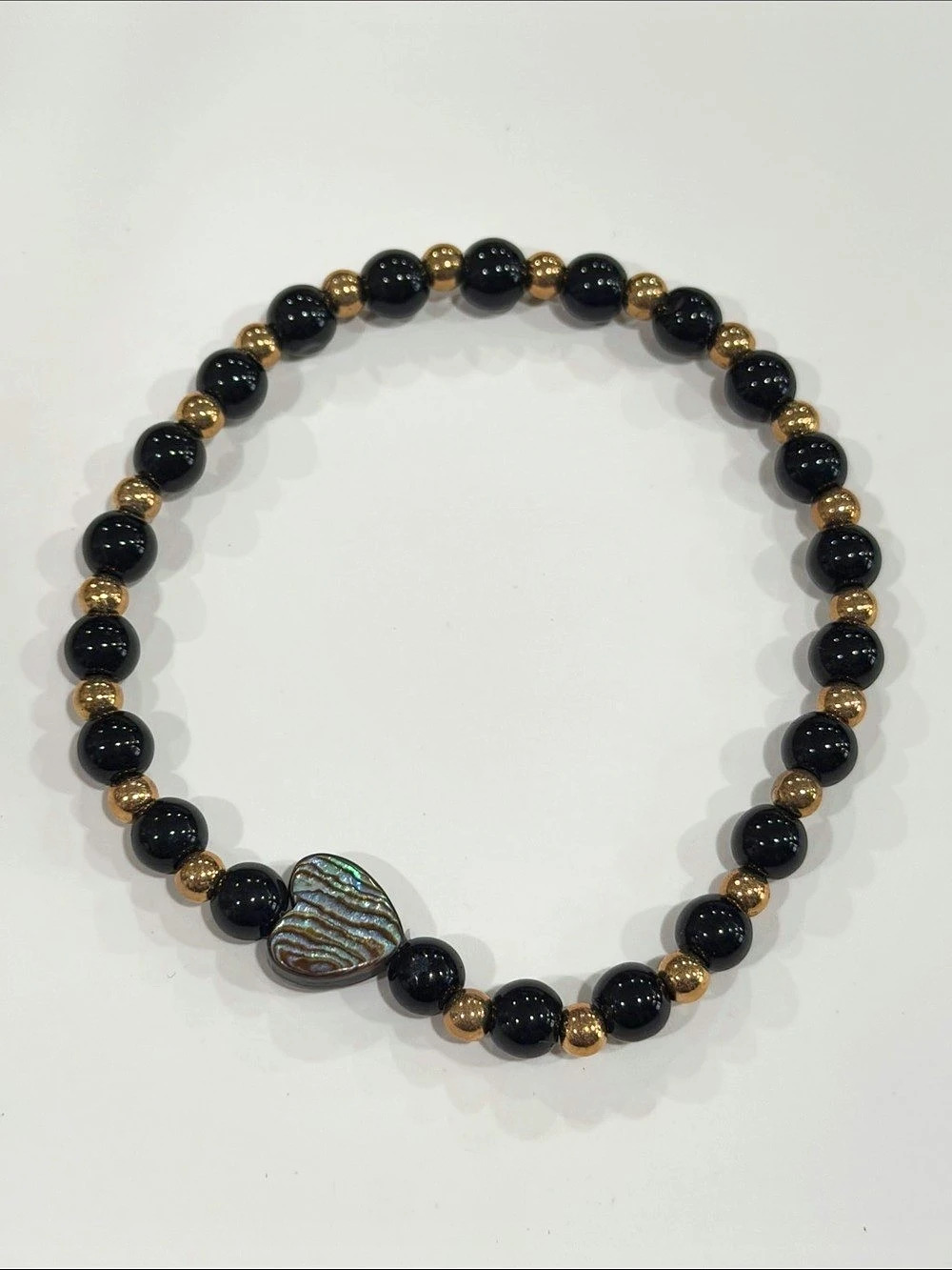 Beaded Black Onyx Stretch Bracelet New Handmade 4mm Mother of Pearl Heart